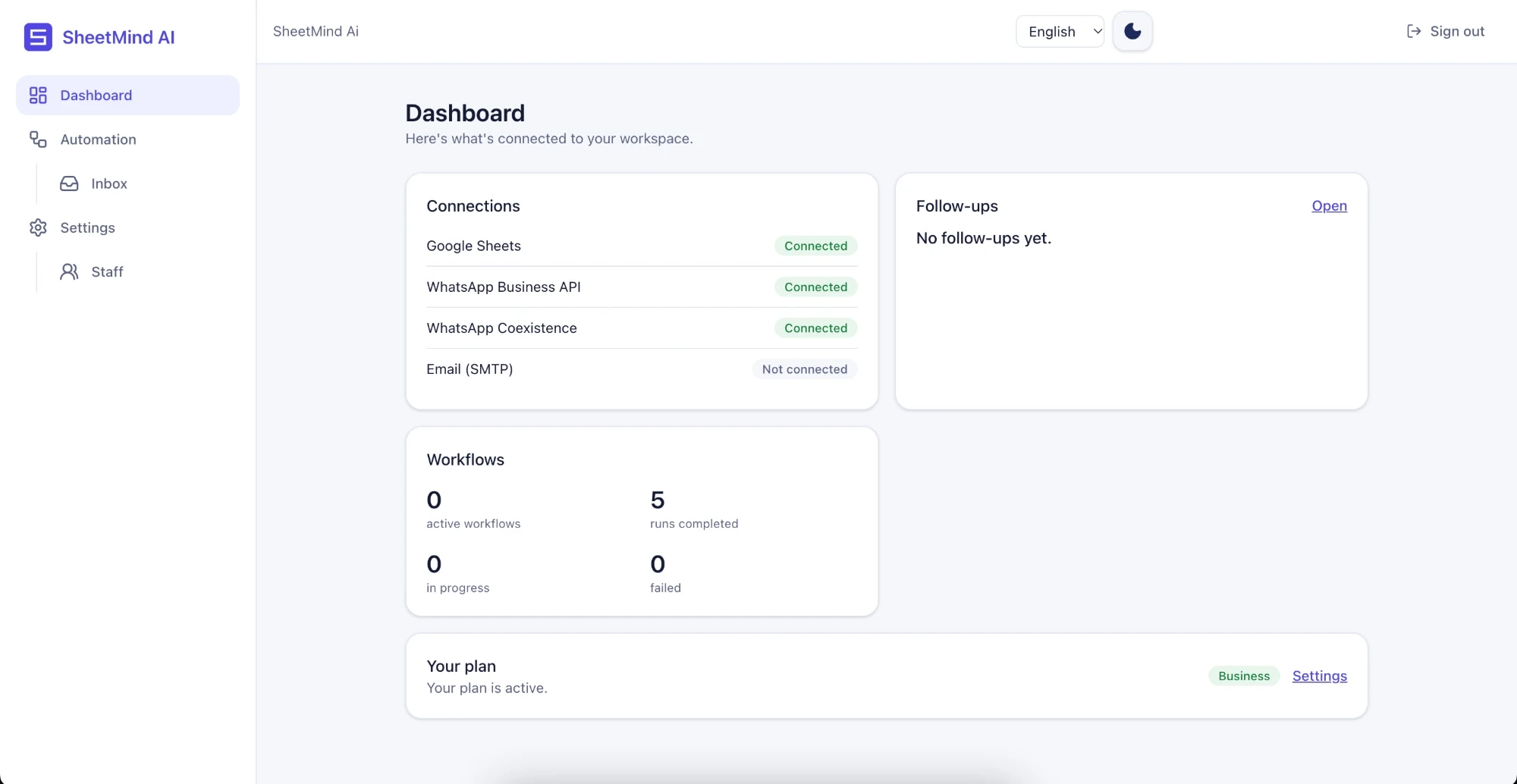 لوحة تحكم SheetMind AI: اتصال واتساب API وواتساب Coexistence وسير العمل